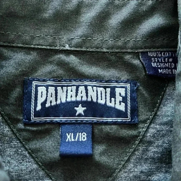 [YXL18/Adult M]Panhandle  Western Print Snap Button Down L/S Olive Green Shirt - Picture 2 of 8